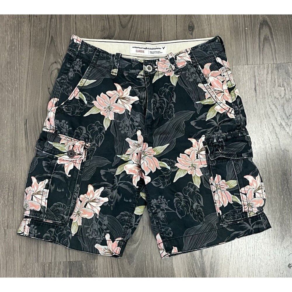 American Eagle Cargo Shorts Mens 32 (Tag 31) Blue Floral Hawaiian Tropical